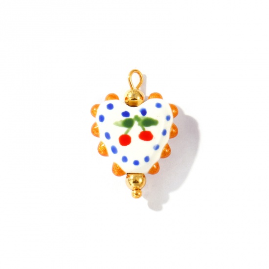 Imagen de 2 Unidades PVD Ecológico Impermeable Antioxidante Hipoalergénico 304 Acero Inoxidable & Resina día de San Valentín Colgantes Al Por Mayor 18K Oro Real Chapado Multicolor Esmalte Corazón Cereza Pintado 25mm x 17mm