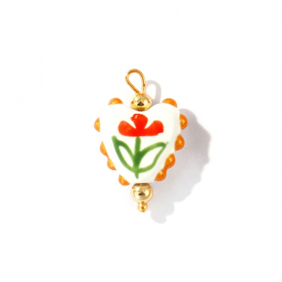 Imagen de 2 Unidades PVD Ecológico Impermeable Antioxidante Hipoalergénico 304 Acero Inoxidable & Resina día de San Valentín Colgantes Al Por Mayor 18K Oro Real Chapado Rojo Esmalte Corazón Flor Pintado 25mm x 17mm