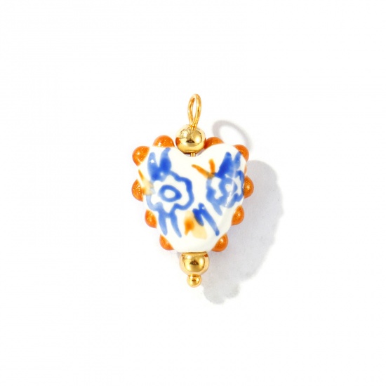 Imagen de 2 Unidades PVD Ecológico Impermeable Antioxidante Hipoalergénico 304 Acero Inoxidable & Resina día de San Valentín Colgantes Al Por Mayor 18K Oro Real Chapado Azul Esmalte Corazón Flor Pintado 25mm x 17mm
