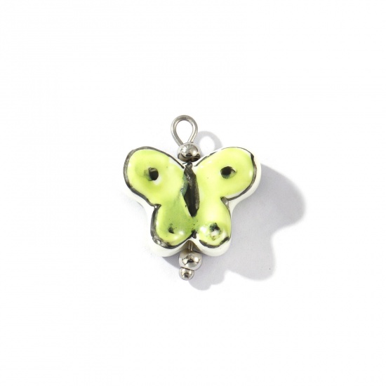 Picture of 2 PCs Eco-friendly 304 Stainless Steel & Resin Insect Charms Wholesale Silver Tone Green Butterfly Animal Painted 20mm x 17mm
