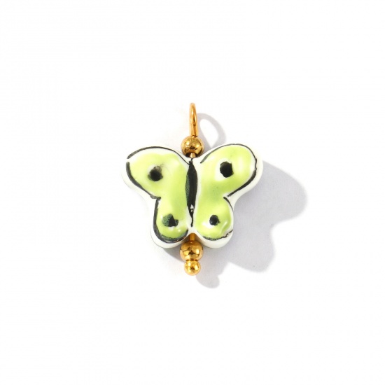 Picture of 2 PCs Eco-friendly PVD Waterproof Anti-Tarnish Hypoallergenic 304 Stainless Steel & Resin Insect Charms Wholesale 18K Real Gold Plated Green Butterfly Animal Painted 20mm x 17mm