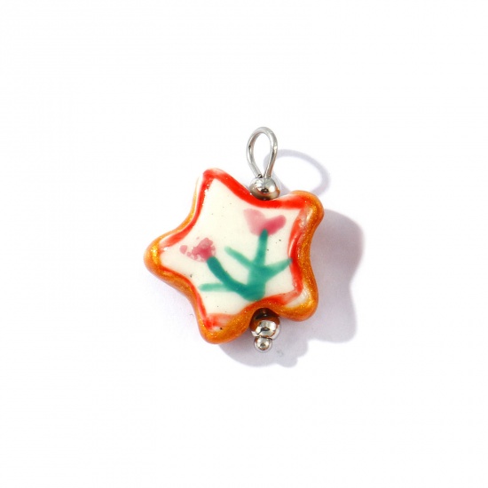 Picture of 2 PCs Eco-friendly 304 Stainless Steel & Resin Charms Wholesale Silver Tone Red Enamel Pentagram Star Flower Painted 21mm x 16mm
