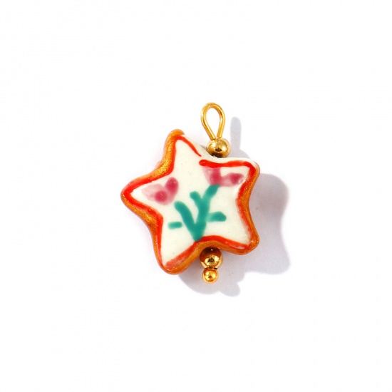 Picture of 2 PCs Eco-friendly PVD Waterproof Anti-Tarnish Hypoallergenic 304 Stainless Steel & Resin Charms Wholesale 18K Real Gold Plated Red Enamel Pentagram Star Flower Painted 21mm x 16mm