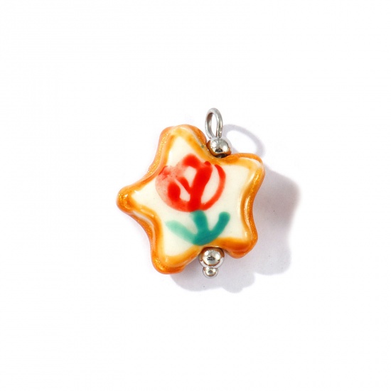 Picture of 2 PCs Eco-friendly 304 Stainless Steel & Resin Charms Wholesale Silver Tone Red Enamel Pentagram Star Rose Flower Painted 21mm x 16mm