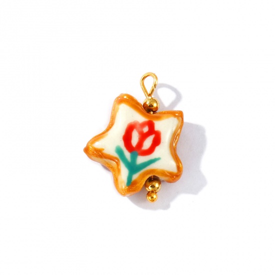 Picture of 2 PCs Eco-friendly PVD Waterproof Anti-Tarnish Hypoallergenic 304 Stainless Steel & Resin Charms Wholesale 18K Real Gold Plated Red Enamel Pentagram Star Rose Flower Painted 21mm x 16mm