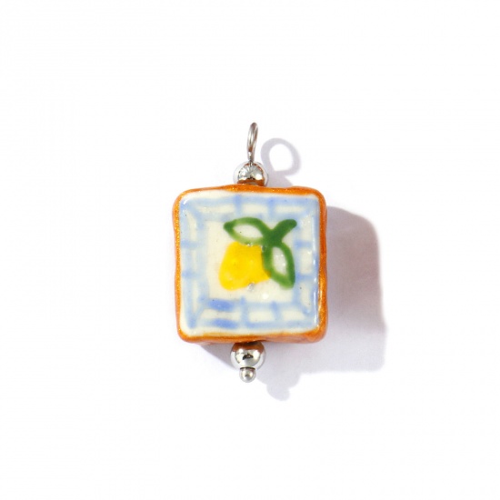 Picture of 2 PCs Eco-friendly 304 Stainless Steel & Resin Charms Wholesale Silver Tone Multicolor Enamel Square Fruit Painted 27mm x 16mm