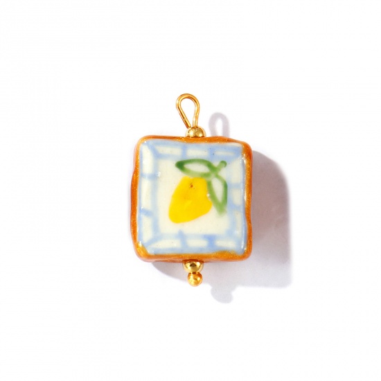 Picture of 2 PCs Eco-friendly PVD Waterproof Anti-Tarnish Hypoallergenic 304 Stainless Steel & Resin Charms Wholesale 18K Real Gold Plated Multicolor Enamel Square Fruit Painted 27mm x 16mm