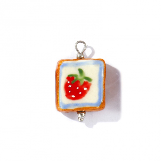 Picture of 2 PCs Eco-friendly 304 Stainless Steel & Resin Charms Wholesale Silver Tone Red Enamel Square Strawberry Fruit Painted 27mm x 16mm
