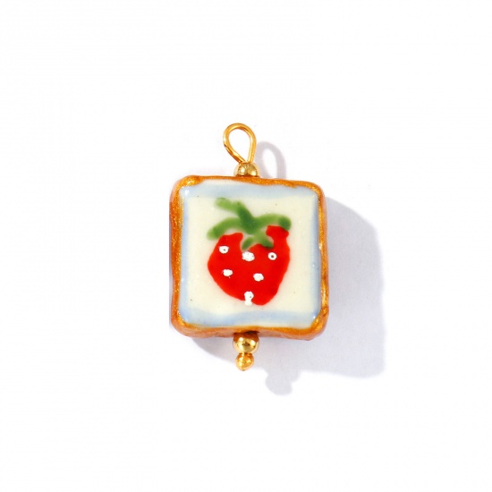 Picture of 2 PCs Eco-friendly PVD Waterproof Anti-Tarnish Hypoallergenic 304 Stainless Steel & Resin Charms Wholesale 18K Real Gold Plated Red Enamel Square Strawberry Fruit Painted 27mm x 16mm