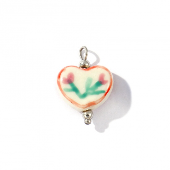 Picture of 2 PCs Eco-friendly 304 Stainless Steel & Resin Valentine's Day Charms Wholesale Silver Tone Multicolor Heart Flower Painted 21mm x 15mm