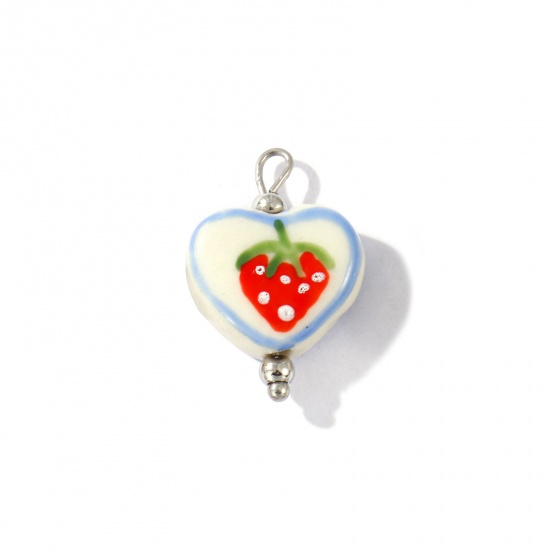 Picture of 2 PCs Eco-friendly 304 Stainless Steel & Resin Valentine's Day Charms Wholesale Silver Tone Red Heart Strawberry Fruit Painted 21mm x 15mm