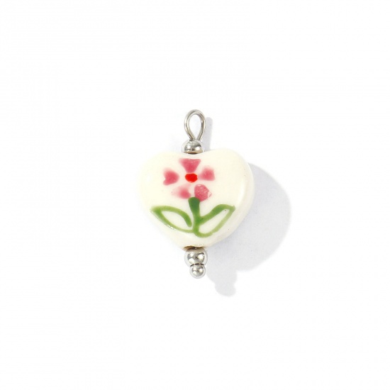 Picture of 2 PCs Eco-friendly 304 Stainless Steel & Resin Valentine's Day Charms Wholesale Silver Tone Purple Heart Flower Painted 21mm x 15mm