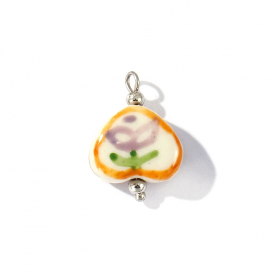 Picture of 2 PCs Eco-friendly 304 Stainless Steel & Resin Valentine's Day Charms Wholesale Silver Tone Purple Heart Flower Painted 21mm x 15mm
