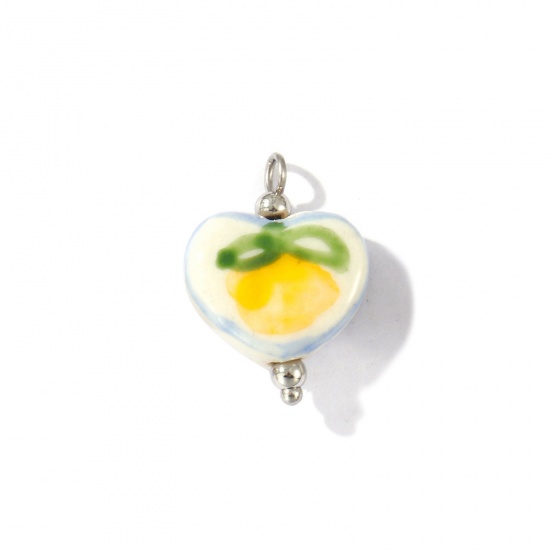 Picture of 2 PCs Eco-friendly 304 Stainless Steel & Resin Valentine's Day Charms Wholesale Silver Tone Yellow Heart Orange Fruit Painted 21mm x 15mm