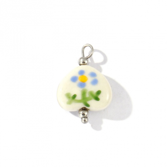 Picture of 2 PCs Eco-friendly 304 Stainless Steel & Resin Valentine's Day Charms Wholesale Silver Tone Blue Heart Flower Painted 21mm x 15mm