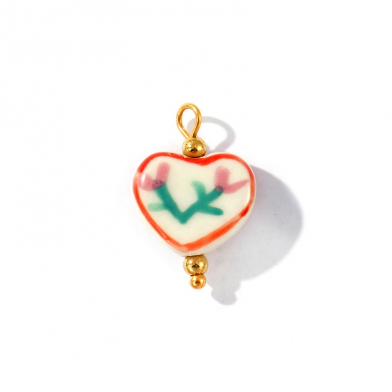 Imagen de 2 Unidades PVD Ecológico Impermeable Antioxidante Hipoalergénico 304 Acero Inoxidable & Resina día de San Valentín Colgantes Al Por Mayor 18K Oro Real Chapado Multicolor Corazón Flor Pintado 21mm x 15mm