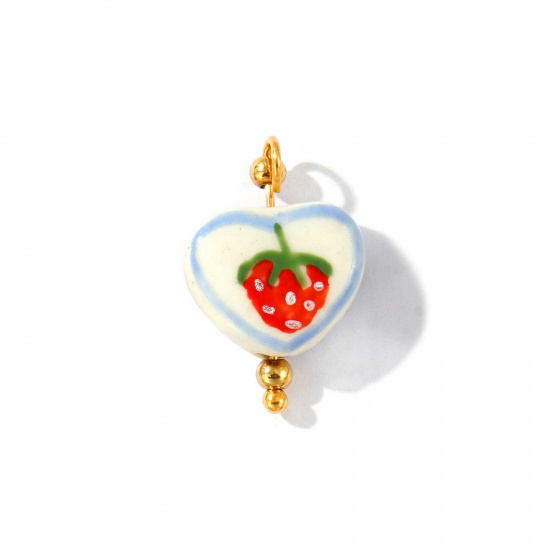 Imagen de 2 Unidades PVD Ecológico Impermeable Antioxidante Hipoalergénico 304 Acero Inoxidable & Resina día de San Valentín Colgantes Al Por Mayor 18K Oro Real Chapado Rojo Corazón Fresas Pintado 21mm x 15mm