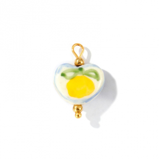 Imagen de 2 Unidades PVD Ecológico Impermeable Antioxidante Hipoalergénico 304 Acero Inoxidable & Resina día de San Valentín Colgantes Al Por Mayor 18K Oro Real Chapado Amarillo Corazón Naranja Pintado 21mm x 15mm