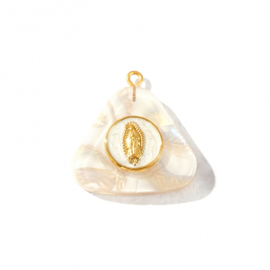 Picture of 1 Piece Eco-friendly PVD Waterproof Anti-Tarnish Hypoallergenic 304 Stainless Steel & Resin Religious Charms Wholesale 18K Real Gold Plated White Enamel Triangle Virgin Mary Pearlized 29mm x 28mm