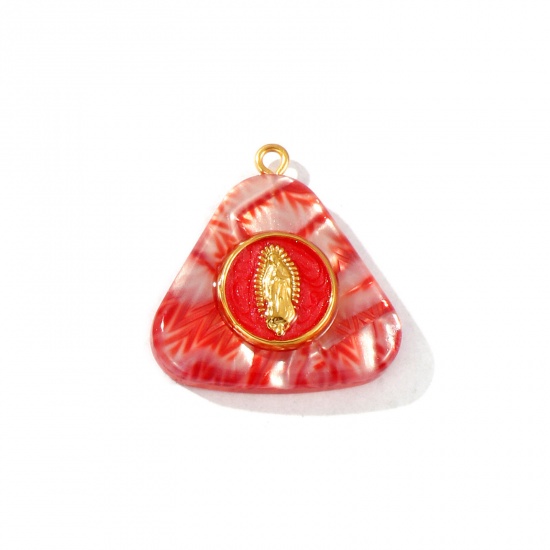 Picture of 1 Piece Eco-friendly PVD Waterproof Anti-Tarnish Hypoallergenic 304 Stainless Steel & Resin Religious Charms Wholesale 18K Real Gold Plated Red Enamel Triangle Virgin Mary Pearlized 29mm x 28mm