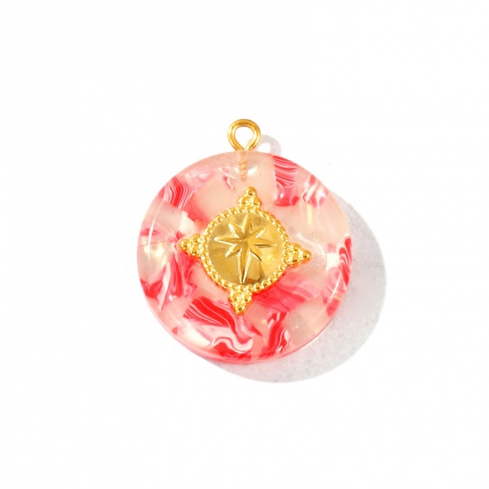 Picture of 1 Piece Eco-friendly PVD Waterproof Anti-Tarnish Hypoallergenic 304 Stainless Steel & Resin Charms Wholesale 18K Real Gold Plated Red Round Star Gradient Color 29mm x 25mm