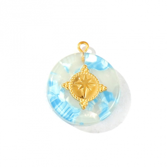Picture of 1 Piece Eco-friendly PVD Waterproof Anti-Tarnish Hypoallergenic 304 Stainless Steel & Resin Charms Wholesale 18K Real Gold Plated Blue Round Star Gradient Color 29mm x 25mm