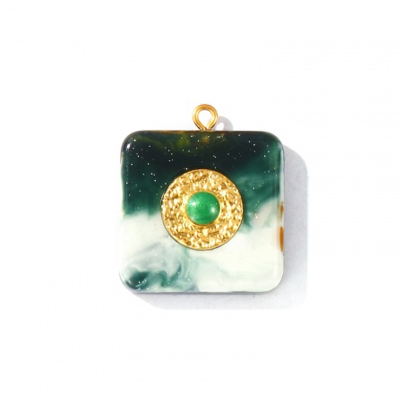 Picture of 1 Piece Eco-friendly PVD Waterproof Anti-Tarnish Hypoallergenic 304 Stainless Steel & Resin Charms Wholesale 18K Real Gold Plated Dark Green Enamel Square Glitter 29mm x 25mm