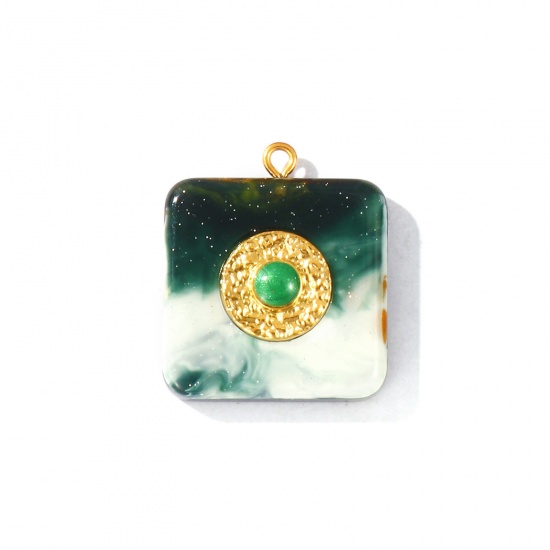 Picture of 1 Piece Eco-friendly PVD Waterproof Anti-Tarnish Hypoallergenic 304 Stainless Steel & Resin Charms Wholesale 18K Real Gold Plated Dark Green Enamel Square Glitter 29mm x 25mm