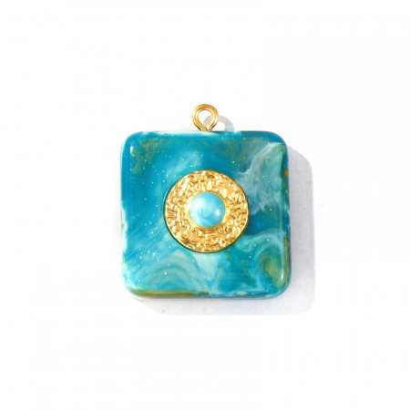 Picture of 1 Piece Eco-friendly PVD Waterproof Anti-Tarnish Hypoallergenic 304 Stainless Steel & Resin Charms Wholesale 18K Real Gold Plated Green Blue Enamel Square Glitter 29mm x 25mm