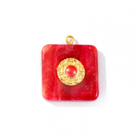 Picture of 1 Piece Eco-friendly PVD Waterproof Anti-Tarnish Hypoallergenic 304 Stainless Steel & Resin Charms Wholesale 18K Real Gold Plated Red Enamel Square Glitter 29mm x 25mm