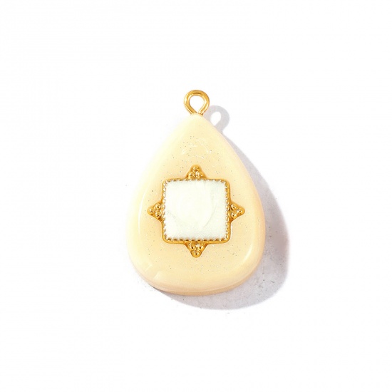 Picture of 1 Piece Eco-friendly PVD Waterproof Anti-Tarnish Hypoallergenic 304 Stainless Steel & Resin Pendants Wholesale 18K Real Gold Plated Beige Enamel Drop Square Glitter 3.2cm x 2.1cm