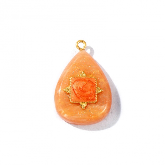 Picture of 1 Piece Eco-friendly PVD Waterproof Anti-Tarnish Hypoallergenic 304 Stainless Steel & Resin Pendants Wholesale 18K Real Gold Plated Orange Enamel Drop Square Glitter 3.2cm x 2.1cm