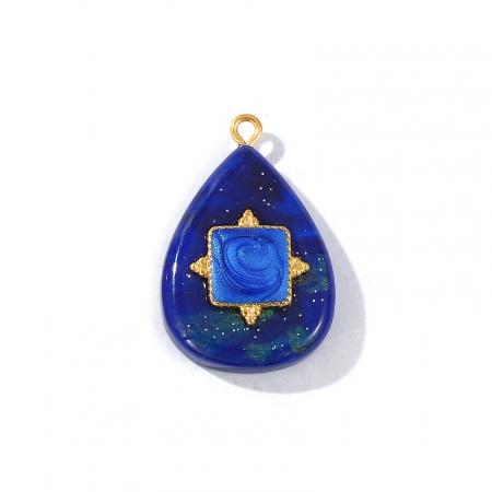 Picture of 1 Piece Eco-friendly PVD Waterproof Anti-Tarnish Hypoallergenic 304 Stainless Steel & Resin Pendants Wholesale 18K Real Gold Plated Dark Blue Enamel Drop Square Glitter 3.2cm x 2.1cm