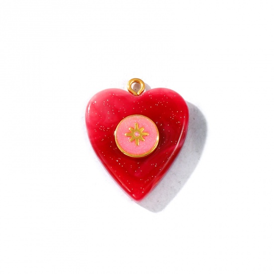 Picture of 1 Piece Eco-friendly PVD Waterproof Anti-Tarnish Hypoallergenic 304 Stainless Steel & Resin Valentine's Day Charms Wholesale 18K Real Gold Plated Red Enamel Heart Star Pearlized 28mm x 22.5mm