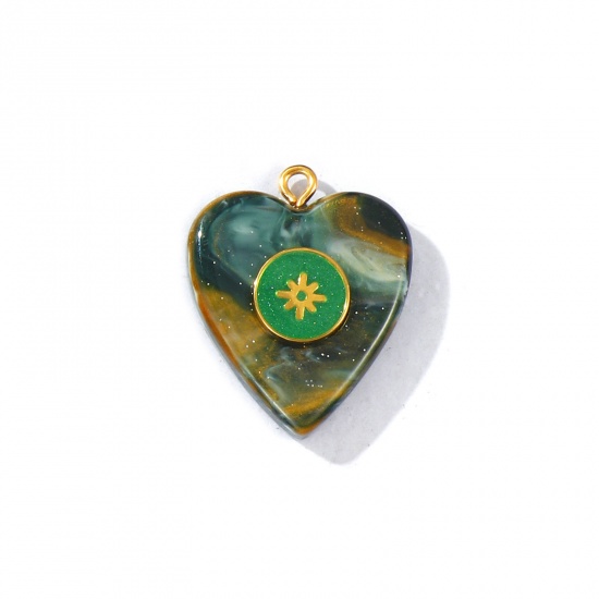 Picture of 1 Piece Eco-friendly PVD Waterproof Anti-Tarnish Hypoallergenic 304 Stainless Steel & Resin Valentine's Day Charms Wholesale 18K Real Gold Plated Dark Green Enamel Heart Star Pearlized 28mm x 22.5mm