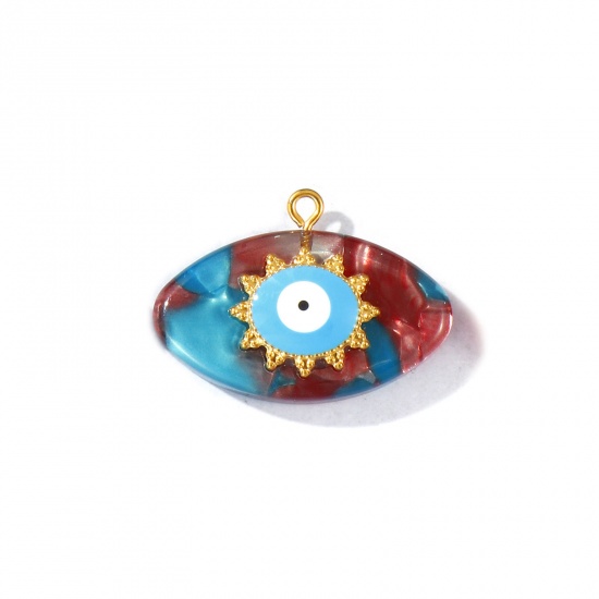 Picture of 1 Piece Eco-friendly PVD Waterproof Anti-Tarnish Hypoallergenic 304 Stainless Steel & Resin Religious Pendants Wholesale 18K Real Gold Plated Blue Enamel Evil Eye 3.2cm x 2.3cm