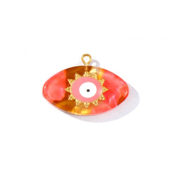 Picture of 1 Piece Eco-friendly PVD Waterproof Anti-Tarnish Hypoallergenic 304 Stainless Steel & Resin Religious Pendants Wholesale 18K Real Gold Plated Pink Enamel Evil Eye 3.2cm x 2.3cm