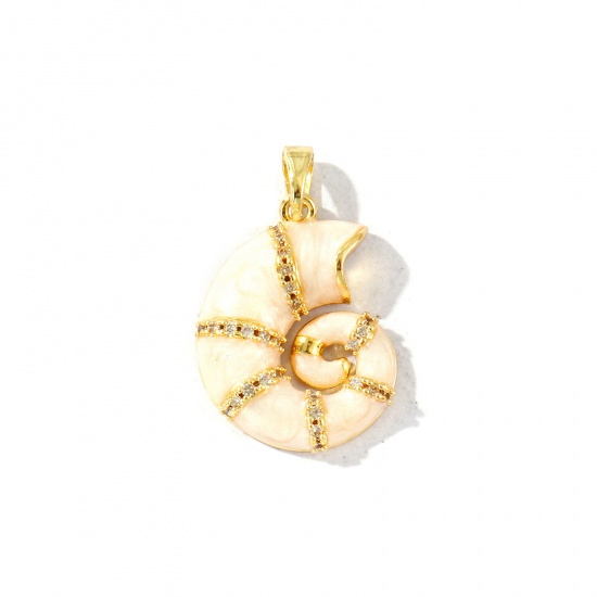 Bild von 1 Stück Messing Ozean Schmuck Charm-Anhänger Großhandel 18K Vergoldet Grauweiß Emaille Strandschnecke Perlmuttartig Transparent Strassstein 27mm x 17mm
