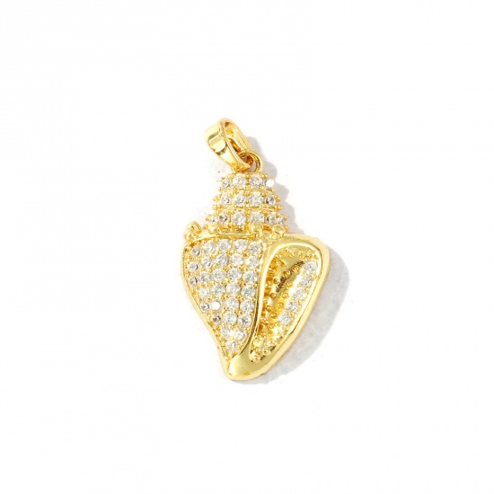 Bild von 1 Stück Messing Ozean Schmuck Charm-Anhänger Großhandel 18K Vergoldet Strandschnecke Micro Pave Transparent Strassstein 28mm x 15.5mm
