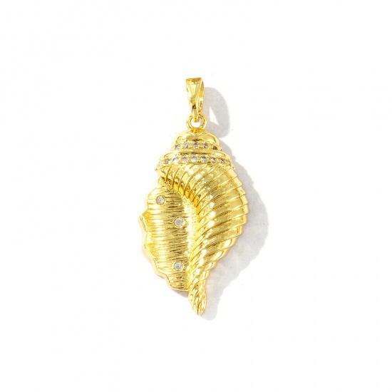 Bild von 1 Stück Messing Ozean Schmuck Anhänger Großhandel 18K Vergoldet Strandschnecke Micro Pave Transparent Strassstein 3.5cm x 1.6cm