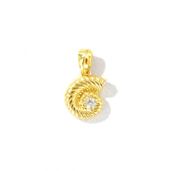 Bild von 1 Stück Messing Ozean Schmuck Charm-Anhänger Großhandel 18K Vergoldet Strandschnecke Transparent Strassstein 18mm x 11mm