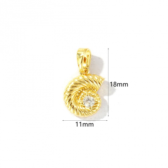 Bild von 1 Stück Messing Ozean Schmuck Charm-Anhänger Großhandel 18K Vergoldet Strandschnecke Transparent Strassstein 18mm x 11mm
