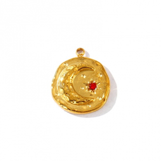 Imagen de 2 Unidades PVD Ecológico Impermeable Antioxidante Hipoalergénico 304 Acero Inoxidable Piedra De Nacimiento Enero Colgantes Al Por Mayor 18K Oro Real Chapado Ronda Luna Rojo Circón Artificial 17mm x 15mm