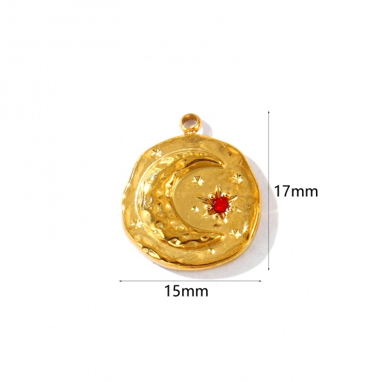 Imagen de 2 Unidades PVD Ecológico Impermeable Antioxidante Hipoalergénico 304 Acero Inoxidable Piedra De Nacimiento Enero Colgantes Al Por Mayor 18K Oro Real Chapado Ronda Luna Rojo Circón Artificial 17mm x 15mm