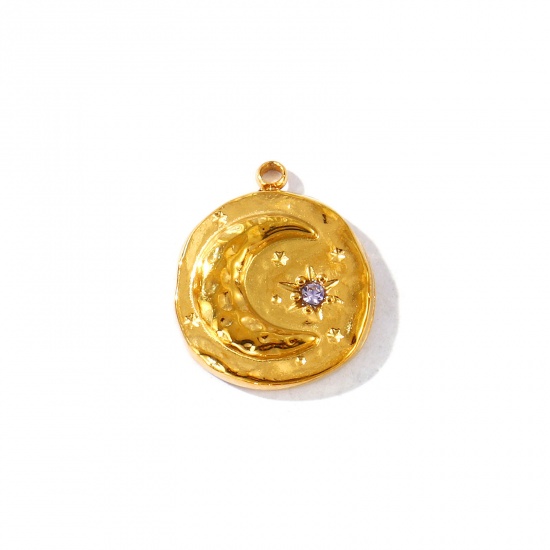 Imagen de 2 Unidades PVD Ecológico Impermeable Antioxidante Hipoalergénico 304 Acero Inoxidable Piedra De Nacimiento Febrero Colgantes Al Por Mayor 18K Oro Real Chapado Ronda Luna Púrpura Circón Artificial 17mm x 15mm