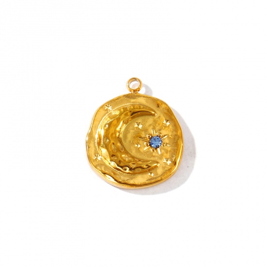 Imagen de 2 Unidades PVD Ecológico Impermeable Antioxidante Hipoalergénico 304 Acero Inoxidable Piedra De Nacimiento Marzo Colgantes Al Por Mayor 18K Oro Real Chapado Ronda Luna Verdemar Circón Artificial 17mm x 15mm