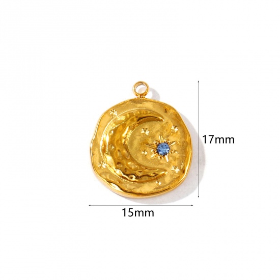 Imagen de 2 Unidades PVD Ecológico Impermeable Antioxidante Hipoalergénico 304 Acero Inoxidable Piedra De Nacimiento Marzo Colgantes Al Por Mayor 18K Oro Real Chapado Ronda Luna Verdemar Circón Artificial 17mm x 15mm