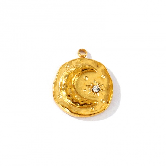 Imagen de 2 Unidades PVD Ecológico Impermeable Antioxidante Hipoalergénico 304 Acero Inoxidable Piedra De Nacimiento Abril Colgantes Al Por Mayor 18K Oro Real Chapado Ronda Luna Claro Circón Artificial 17mm x 15mm