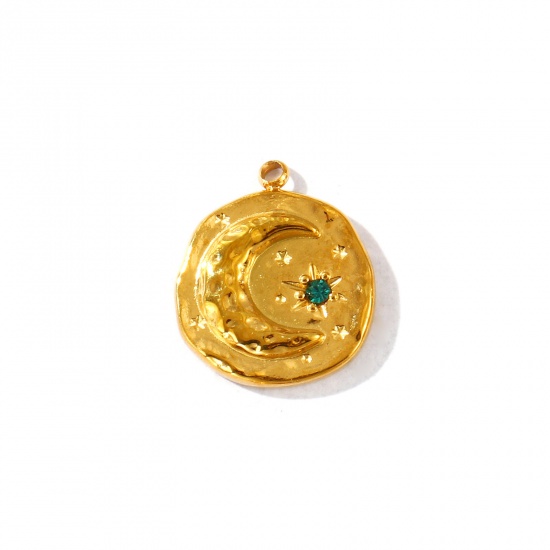 Imagen de 2 Unidades PVD Ecológico Impermeable Antioxidante Hipoalergénico 304 Acero Inoxidable Piedra De Nacimiento Puede Colgantes Al Por Mayor 18K Oro Real Chapado Ronda Luna Verde Circón Artificial 17mm x 15mm