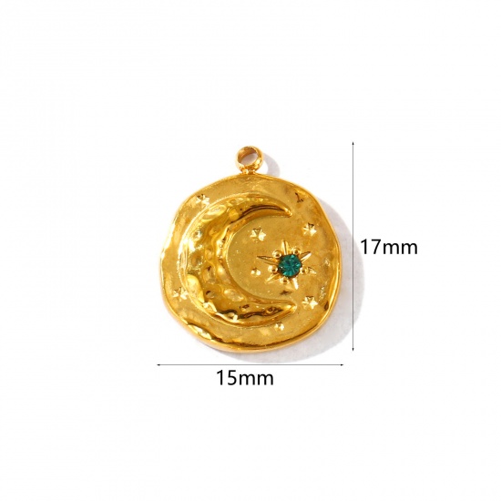 Imagen de 2 Unidades PVD Ecológico Impermeable Antioxidante Hipoalergénico 304 Acero Inoxidable Piedra De Nacimiento Puede Colgantes Al Por Mayor 18K Oro Real Chapado Ronda Luna Verde Circón Artificial 17mm x 15mm